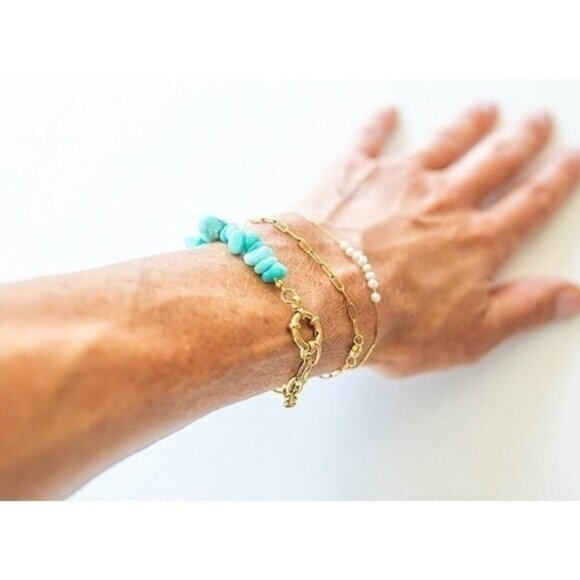 BUNDLE Aqua Chalcedony Drop Earrings & Amazonite Gemstone Bracelet Gold Chain - Picture 4 of 12
